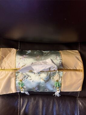 Silk Butterfly Cosmetic Pouch in Light Blue and Cream with Tassel Charm